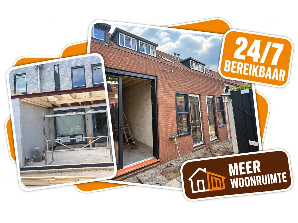 Aanbouw in rode baksteen met een zwarte schuifpui en een aanbouw in uitvoering met stalen ligger en houten balklaag, met de tekst Meer woonruimte