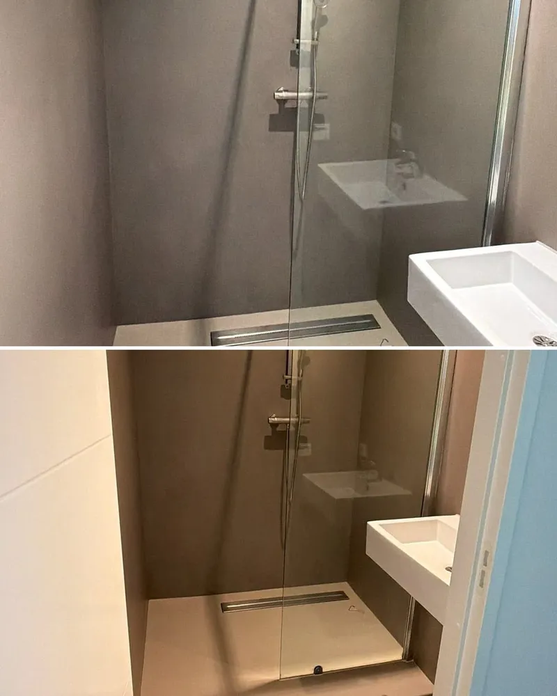 Badkamer met naadloze wanden, inloopdouche en zwevende wastafel