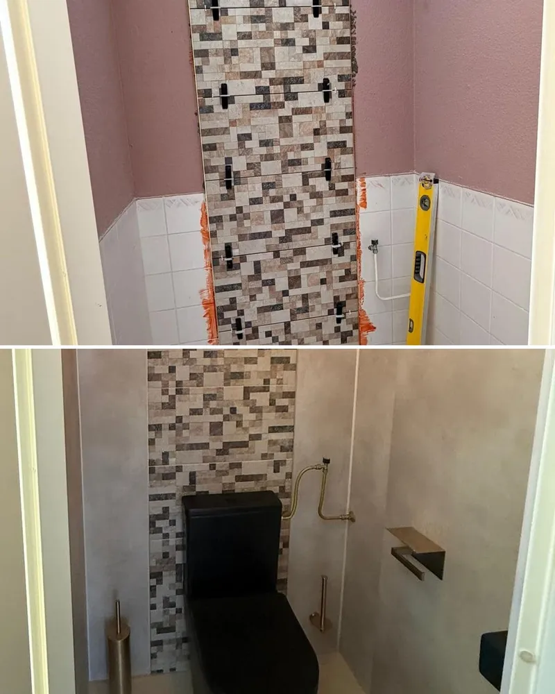 Tijdens en na: mozaiekstrook tegelen en de afgewerkte toiletruimte met zwart toilet