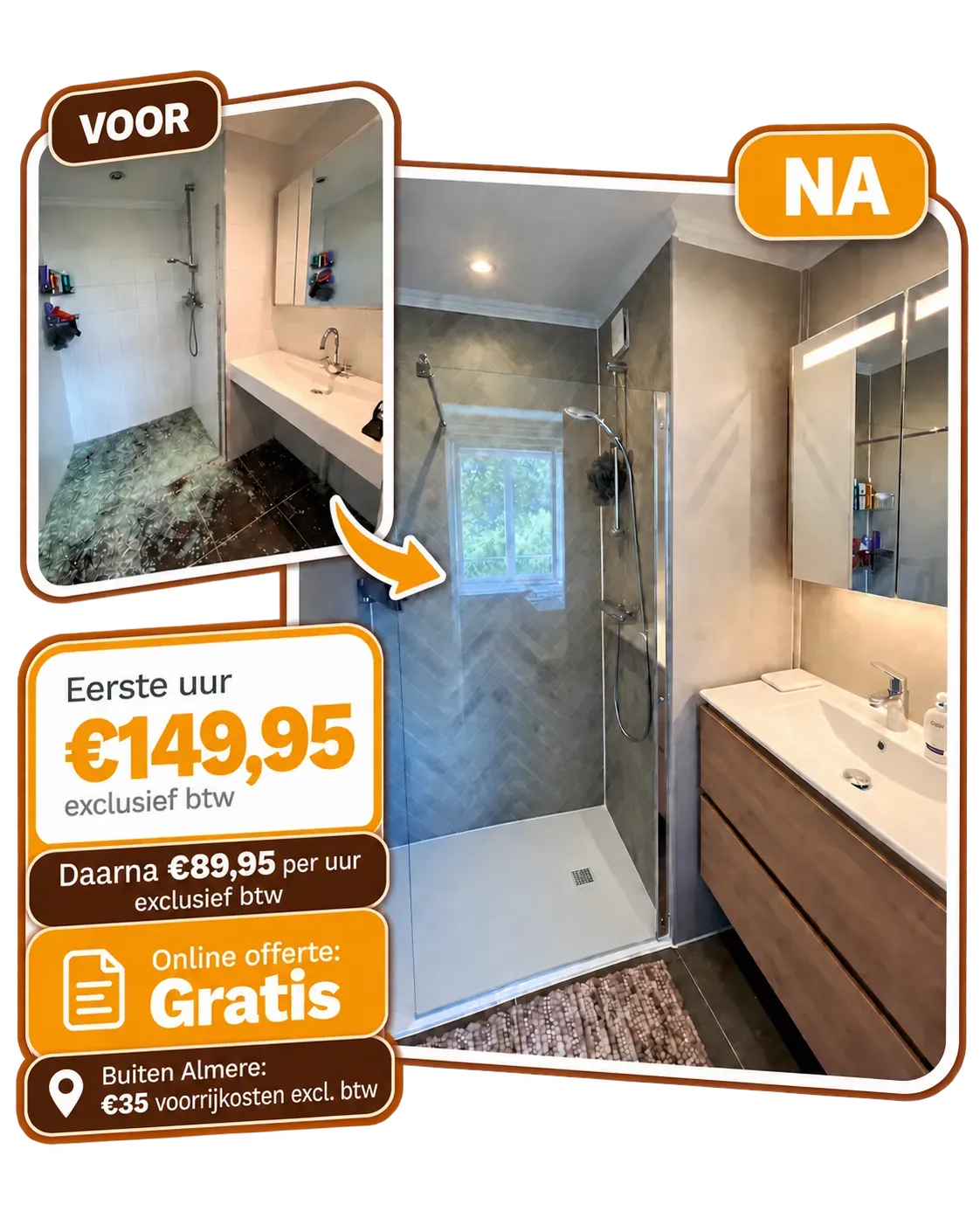 Voor-en-na badkamerrenovatie door Klusbedrijf MSZ met tarieven vanaf €181,44 incl. btw en €42,35 voorrijkosten buiten Almere.