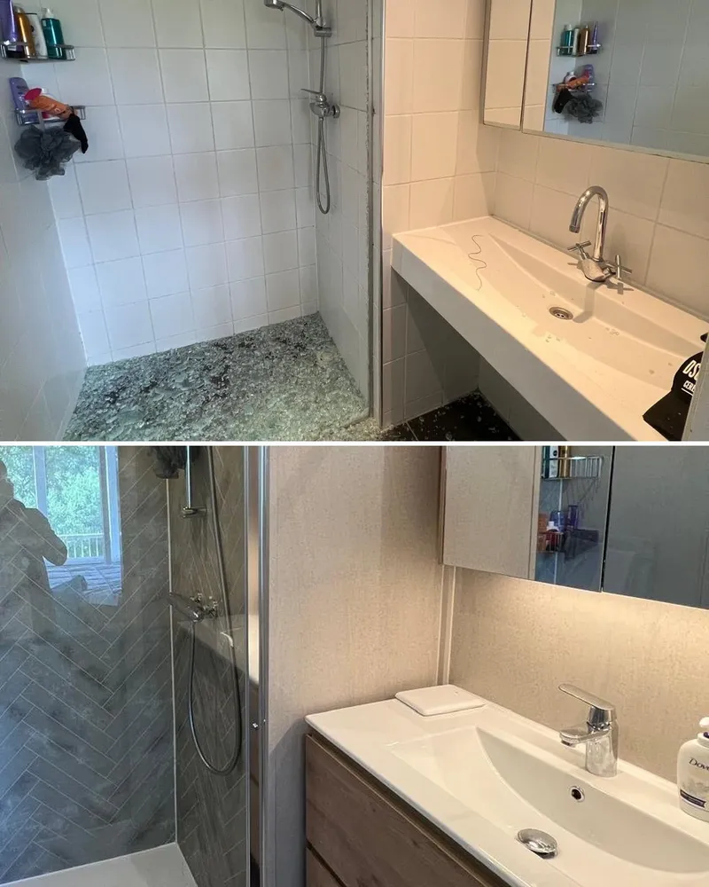 Voor en na: doucheruimte met schimmel en de nieuwe badkamer met inloopdouche