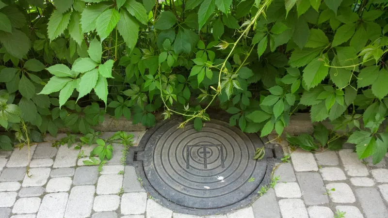 Rioolput in de bestrating naast een border