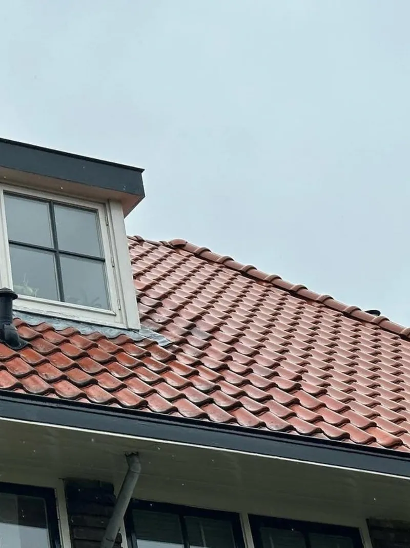 Hellend dak met rode keramische dakpannen, een dakkapel en een dakgoot met regenpijp