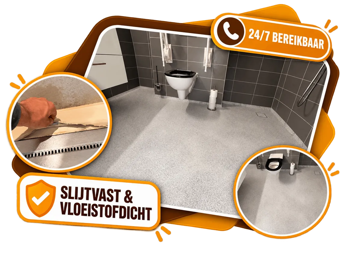 Naadloze grijze epoxy vloercoating rond een toilet in Almere