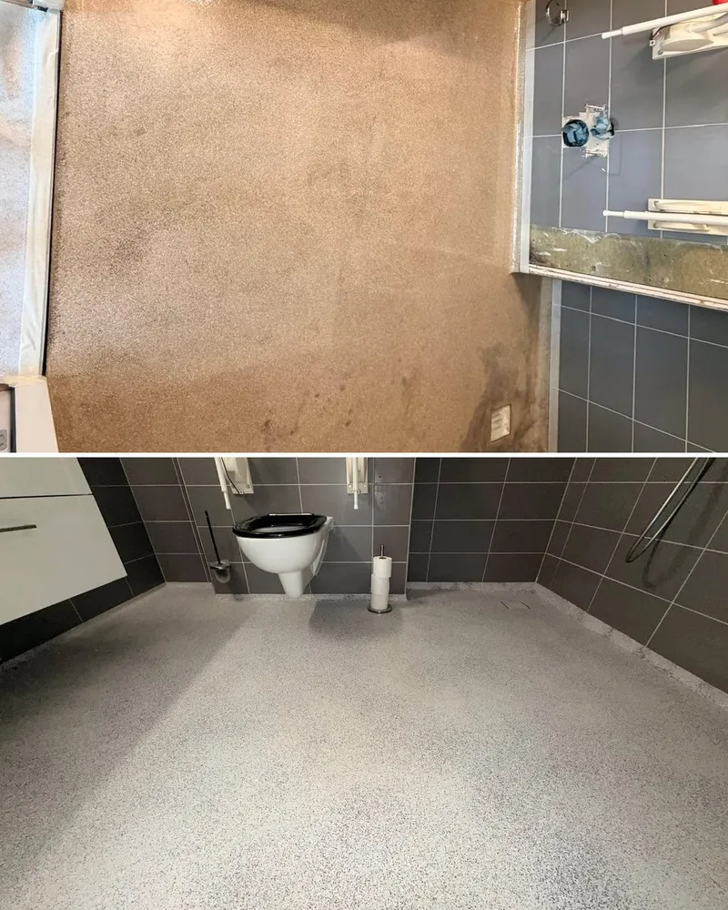 Voor en na: vervuilde toiletvloer en de naadloze epoxy vlokkenvloer