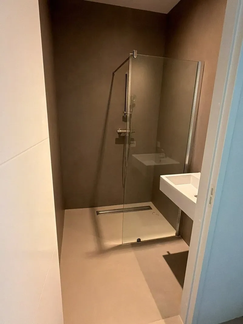Inloopdouche met glazen wand, lijnafvoer en zwevende wastafel in een badkamer met naadloze wandafwerking