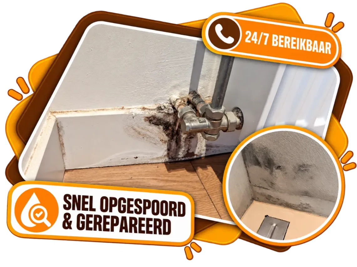 Vochtschade en schimmel rond een radiatoraansluiting door lekkage