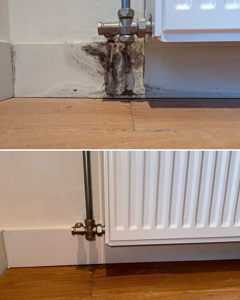 Voor en na: schimmel bij de radiatoraansluiting en de aansluiting na herstel
