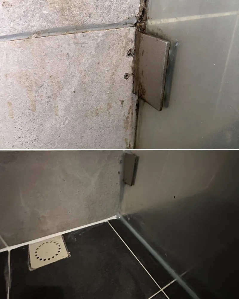 Voor en na: beschimmelde kitrand in de douche en de nieuwe kitranden