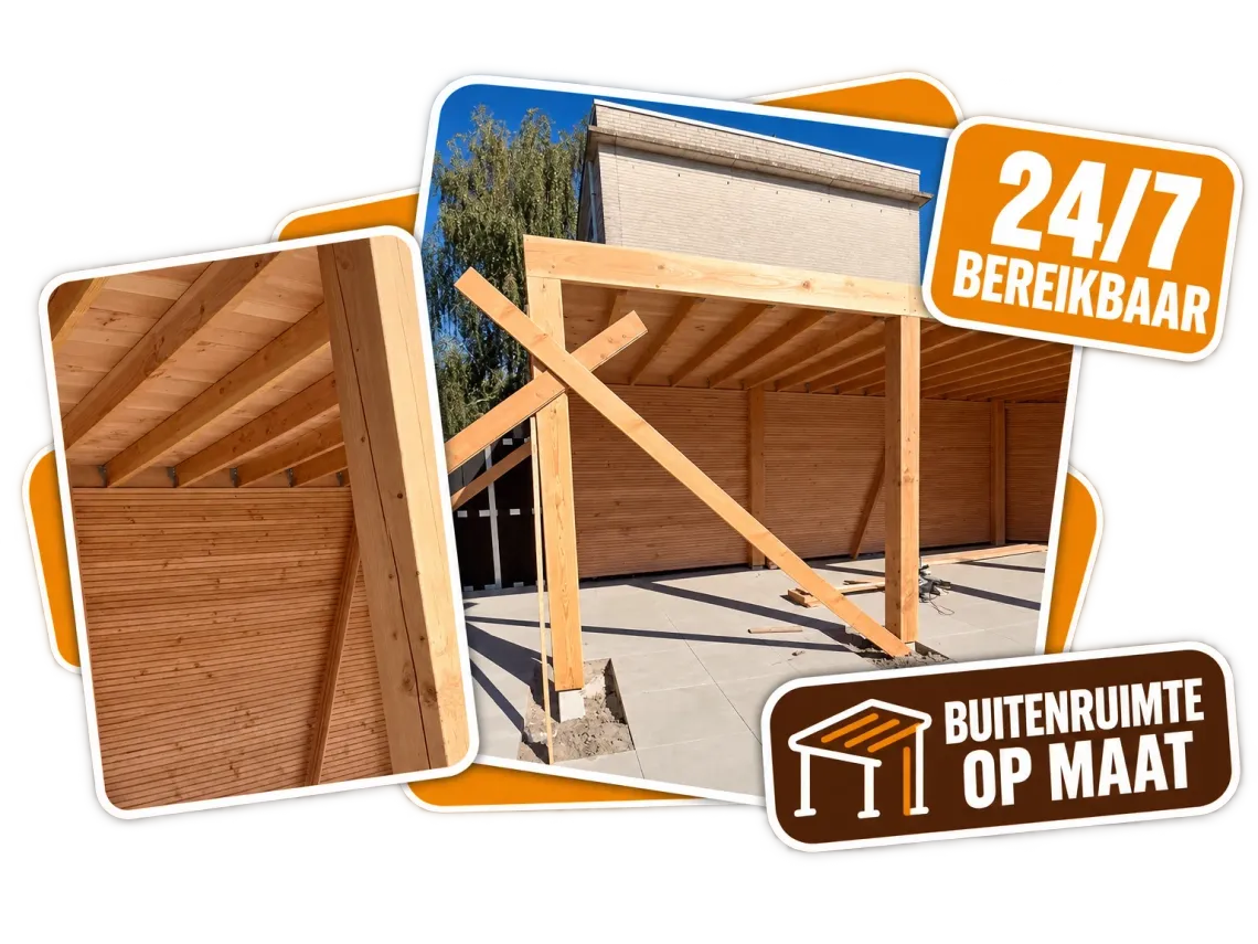 Houten overkapping met staanders, dakbalken en een achterwand van houten delen op een nieuw terras, met de tekst Buitenruimte op maat