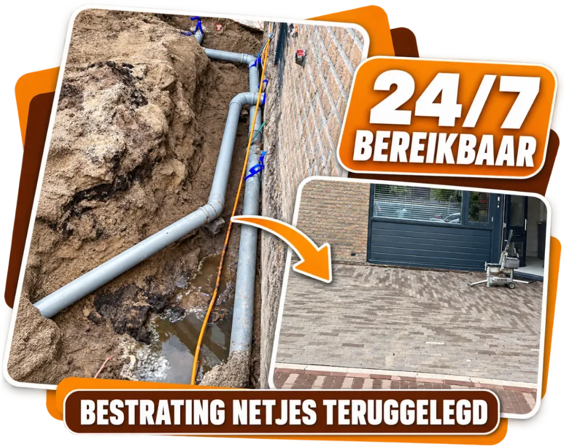 Nieuwe rioolleiding langs een gevel en netjes teruggelegde bestrating na rioleringswerk in Almere, 24/7 bereikbaar.