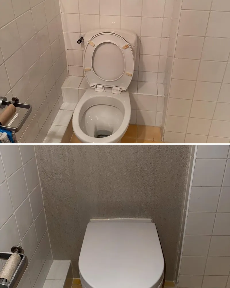 Voor en na: staand toilet vervangen door een hangend toilet onder een schuin plafond