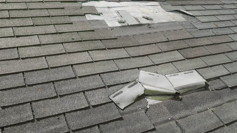 Losgeraakte en opgewaaide dakbedekking na storm