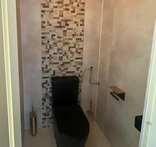 Gerenoveerde toiletruimte met zwart toilet, een verticale mozaiekstrook en wanden in betonlook