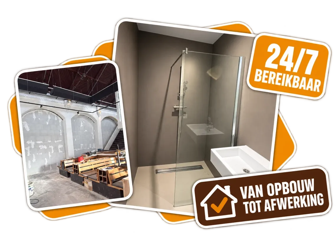 Badkamer met naadloze wanden, inloopdouche met glazen wand en zwevende wastafel, naast een pand met boogwanden tijdens de renovatie, met de tekst Van opbouw tot afwerking