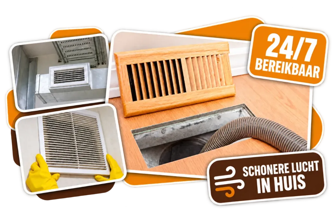 Collage van schoon ventilatiewerk met service-iconen