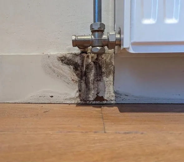 Schimmelvorming rond de radiatoraansluiting door vocht