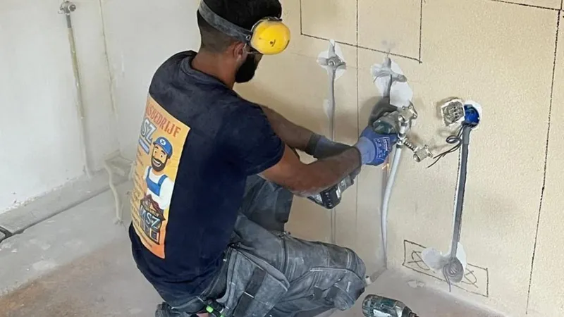 Loodgieter monteert nieuwe wateraansluitingen tegen de wand