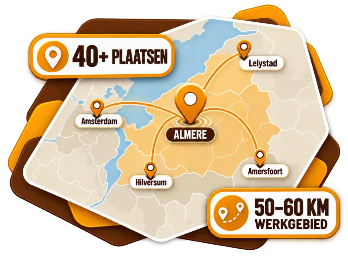 Werkgebied van Klusbedrijf MSZ: 40+ plaatsen tot 60 km rond Almere, zoals Amsterdam, Hilversum en Lelystad